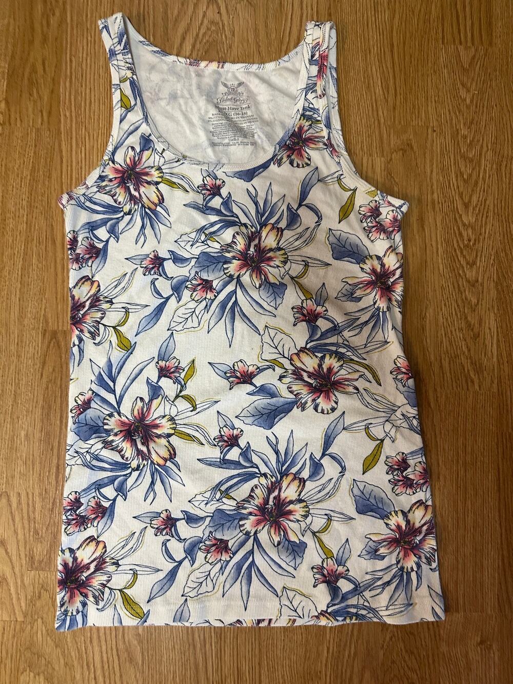 Faded Glory Tropical Floral Ribbed Tank Top White Blue Pink XL 16-18